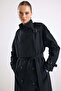 Oversized Water-Repellent Trench Coat with Stand-Up Collar, Cape and Placket Detail Black 6892 - 6