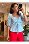 Blue Lace-Up Front Square Neck Peplum Blouse