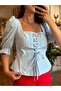 Blue Lace-Up Front Square Neck Peplum Blouse - 2