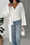 Women's Double Breasted Collar Belted Waist Long Sleeve Stylish Blouse - 3