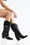 Women's Western Cowboy Suede Look Boots with Pointed Toe, Pocket, Buckle and Thick Heel - 6