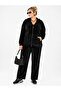 Plus Size Oversized Hooded Zippered Velvet Look Viscose Stone Detailed Pocketed Women's Top and Bottom Set - 5