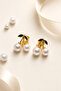 Non-Perforated Clip-On Earrings Pearl Cherry Figured Gold Color Green Leafy Ear Hole-Free Earrings 1 Pair - 3
