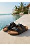 Summer Men's Double Buckle Cork Sole Birken Model Soft Sole Slippers Black-Beige