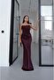 Burgundy Strapless Satin Dress with Scarf