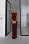 Burgundy Draped Dress with Window Detail at Waist - 5