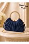 Pleated Bag New Model Pleated Evening Dress Bag Navy Blue Satin with Stone Handle and Chain, Gold Case - 3