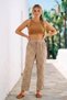 Beige Pocketed, Embroidered, Elastic and Tied Waist, Straight Leg, Casual Muslin Woven Trousers 98 60