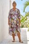 Italian Beige Shirt Collar 3/4 Sleeve Palm Printed Buttoned Casual 100% Linen Woven Dress 120 68
