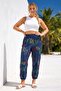 Italian Navy Blue Tropical Patterned Elastic Waist Shalwar with Pockets Linen Look Woven Trousers 93 63 - 5