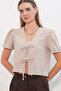 Women's Short Sleeve Crop Blouse 1434 - Beige - 4