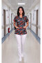 Women's V-Neck Bat Sleeve Heart Rhythm Patterned Black Terycotton Doctor Nurse Scrubs Uniform Single Top - 7