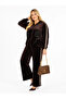 Plus Size Oversized Hooded Zippered Rose Patterned Velvet Look Wide Leg Women's Top and Bottom Set with Stripe Detail