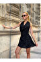 Women's Black Stone Embellished Mini Dress Backless Halter Neck Sparkling Evening Dress - 8