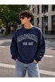 California West Coast Text Printed Navy Blue Oversize Relaxed Cut Crew Neck Retro College Sweatshirt