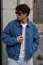 Men's Oversize Patterned Blue Denim Bomber Jeans Jacket - 2