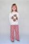 Girl's Cat Printed Ecru Sweatshirt and Red Checkered Patterned Sweatpants Set