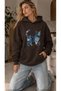 Women's Denim Effect Cat Figure Print Hooded Cotton Casual Sweatshirt with Kangaroo Pocket