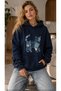 Women's Denim Effect Cat Figure Print Hooded Cotton Casual Sweatshirt with Kangaroo Pocket