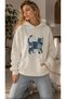 Women's Denim Effect Cat Figure Print Hooded Cotton Casual Sweatshirt with Kangaroo Pocket