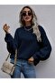 Women's Navy Blue Self-Collar Oversize T-Sleeve Thessaloniki Knitted Sweater