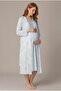 Women's Blue Floral Patterned Buttoned Lace Long Sleeve Dressing Gown Maternity Nightgown Set - 2