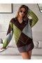 Women's V-Neck Diamond Patterned Color Blocked Oversize Knitwear Sweater - 5