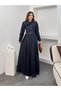 Women's Scarf Collar Belted Pleated Long Dress - 7