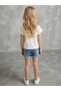 Girl's White Short Sleeve Tulle Polka Dot Blouse T-Shirt with Shoulder and Top Detail - 2