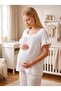 New Season Ecru Muslin Fabric Special Design Short-Sleeved 100% Cotton Maternity Pajama Set with Easy Breastfeeding Feature - 3