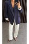 Women's Black Blazer Jacket with Folded Sleeves and Striped Inner Lining - 7