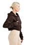 Crop Hooded Zippered Kangaroo Pocket Raised Hoodie Bitter Coffee Women's Sweatshirt - Lumen - 4