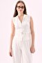 Crep Women's Thin Diving Fabric Zippered Belted Vest and Wide-Legged Trousers Two-Piece Set Ecru - 3
