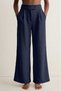 Navy Blue Women's High Waist Stretchy Textured Crepe Fabric Wide Leg Palazzo Trousers - Velcro Closure Detail - 4