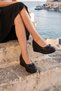 Midas Black Perforated Genuine Calfskin Ribbon Round Toe Wedge Heeled Casual Shoes
