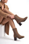 Women's Heeled Boots with Blunt Toe and Back Zipper, Nayis Tobacco Brown Suede