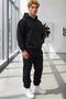 Men's Black Hooded Sweatpants with Black Elastic Cuffs, 3 Thread Raster Sweatpants Basic Set