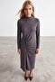 High Collar Drape Detailed Midi Length Lycra Knitted Dress - 5