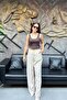 Women's Gold Buttoned Wide Leg Fabric Trousers with Elastic Waist at the Back Sun474 - 2