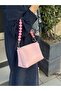 Women's Candy Pink Beaded and Chain Handle Shoulder and Hand Bag Stylish Design Baguette Handbag - 4