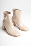Women's Beige Thick Heeled Boots & Booties with Gold Buckle Detail