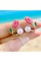 Women's Gold Color Pearl and Red Tulip Figured Enamel Ear Jacket Earrings - 4