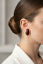 Women's Red Oval Stone Yellow Tone Bijoux Earrings Stylish and Modern Design - 2