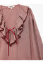 Waffle Fabric Ruffled Flounce Lace-Up V-Neck Long Sleeve Plaid Blouse - 7