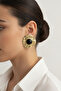 Stylish Design Yellow Tone Forged Textured Black Stone Bijouterie Earrings - 2