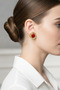 Yellow Tone Wavy Framed Red Stone Women's Bijouterie Earrings - 2