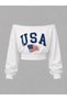 Women's White U.S.A Printed Boat Neck 100% Cotton Ribbed Oversize Crop Sweatshirt