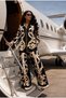 Women's Black Gold Baroque Patterned Satin Double Suit - Wide Leg Pants Shirt Suit