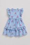 Gingham Ribbon Patterned Blue Ruffle Sleeve Girls' Dress - 8