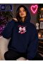 Women's Heart Patterned Ribbon Cherry Hooded Kangaroo Pocket Cotton Casual Sweatshirt